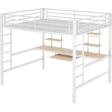 Hochbett 140 x 200 cm aus weißem Metall mit Schreibtisch und 2 Regalen (1/5)