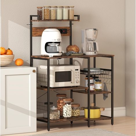 REDOM - Scaffale da cucina 90x42x130 cm, prese integrate, 5 ganci, cestello estraibile, legno, marrone rustico (1/5)