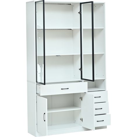 Hohe Vitrine Weiß 120 x 35 x 200 cm mit LED, 4 Schubladen und 13 Fächern (1/5)