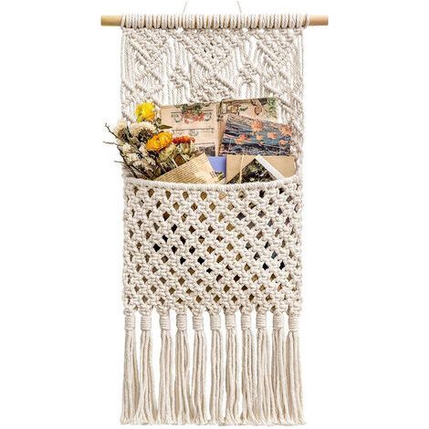 De rangement de magazine Support de poteau Support mural Poche suspendue en coton tissé, Décoration d'intérieur, Ivoire, 30 cm (L) × 75 cm (L)- (1/5)