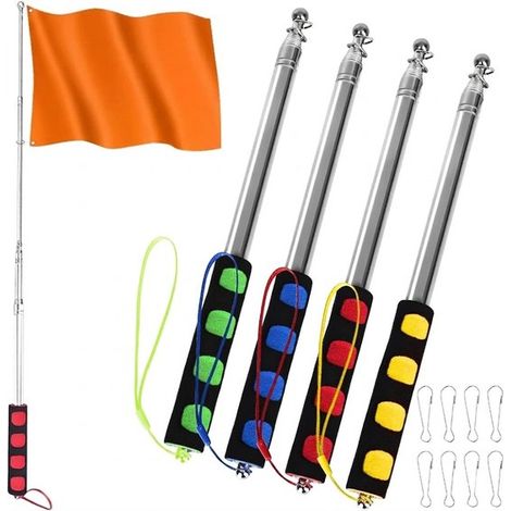Lot de 4 mâts télescopiques 120 cm en acier inoxydable, poignées antidérapantes, bâtons extensibles pour guidage, présentation, voyage et défilé, rouge, bleu, jaune et vert (1/5)