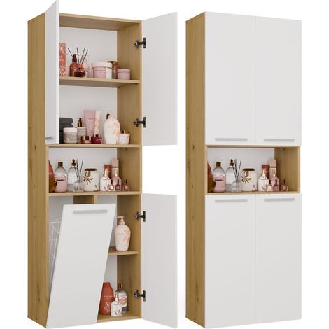 NEL 1k dk - mobile bagno - 5 mensole, cesto portabiancheria - 60x174x30 cm - rovere artisan bianco (1/5)
