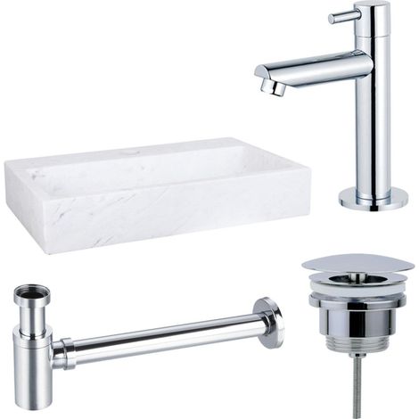 Fortifura Fuente Pack Lave-mains - 38x24x8cmcm - 1 trou de robinet - marbre - robinet Chrome - Blanc
