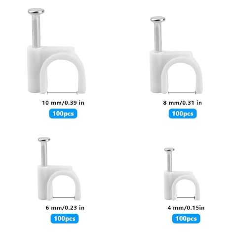 Clips de câble ronds blancs - Clips de rangement de câbles - Clips muraux pour câbles - 4 mm, 6 mm, 8 mm, 10 mm - Avec clous en acier - Pour la gestion des câbles TV Ethernet (1/4)