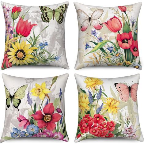 Housse de Coussin Fleurs 40x40 Set de 4, Ferme Jardin Terrasse Fleurs colorées Papillon Décoratif Taie d'oreiller Esthétique Lin Housse de Coussin pour Canapé Lit Jardin Extérieur Home Decor (1/5)