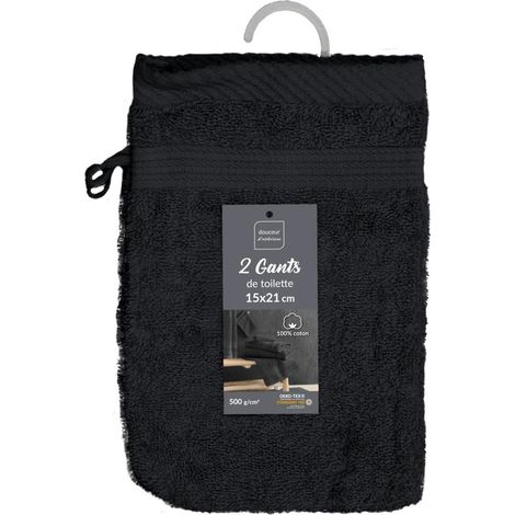 Douceur d'Intérieur, 2 guanti da bagno (15 x 21 cm) teneresse nero, spugna tinta unita (1/5)