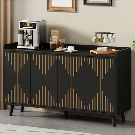 Credenza da cucina con 4 ante e ripiani regolabili, in MDF, nera, 140 x 40 x 84 cm (1/5)
