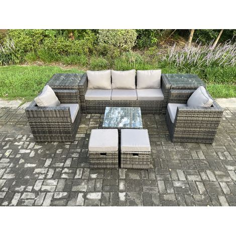 Fimous Wicker 8 Pieces Rattan Garden Furniture Sofa Set with Armchair 2 Side Tables Square Coffee Table 2 Small Footstools Dark Grey Mixed (1/5)