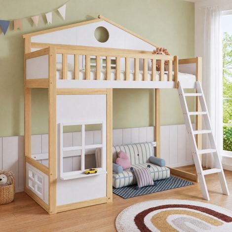 DESMIU Lit superposé cabane 90 × 200 cm 2 places avec escalier, garde-corps et fenêtres, sans matelas, bois blanc nature (1/5)