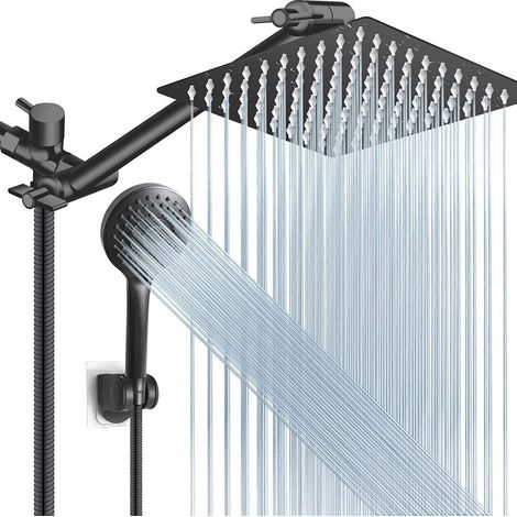 Pommeau de douche noir avec bras d'extension, douchette à main réglable, jet puissant - noir mat, basse pression d'eau (1/5)
