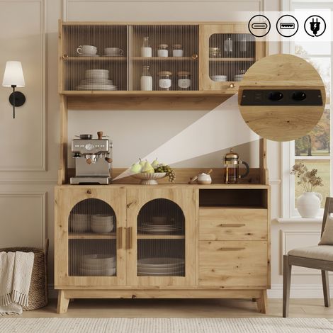 Buffet Haut 120x40x178cm, Rangements Multiniveaux, Prises USB-C/USB-A, Finition Bois (1/5)