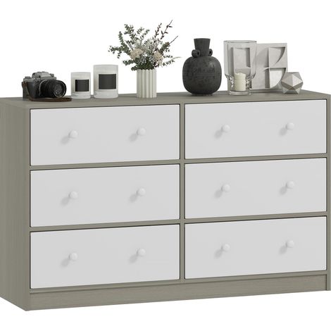 Commode à 6 tiroirs en tissu, structure en acier et MDF, idéale pour le salon, le bureau ou le dressing, blanc et gris.