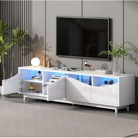 Mueble para TV de MDF blanco alto brillo 175,0x38,0x51,0 cm con puertas de vidrio templado, LED Bluetooth y almacenaje (1/5)