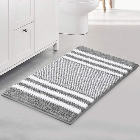 Tapis de bain gris 40 x 60 cm, extra doux et absorbant, en chenille à rayures moelleuses, antidérapant et lavable en machine. (1/5)