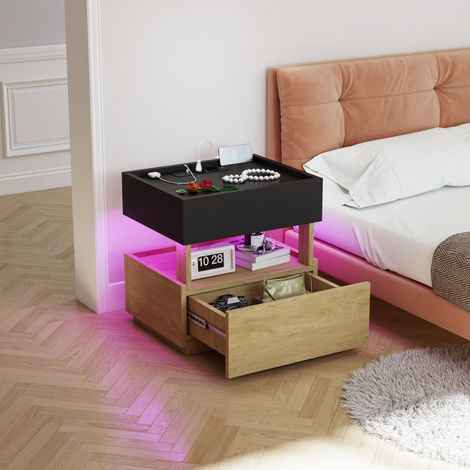 Mesita de noche inteligente con carga inalámbrica, LED, USB y 2 cajones, negro y madera natural (1/5)