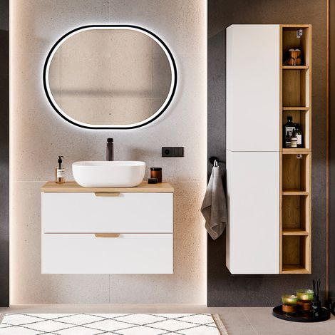 Mueble de lavabo de 80 cm con pedestal Oria blanco mate (1/5)