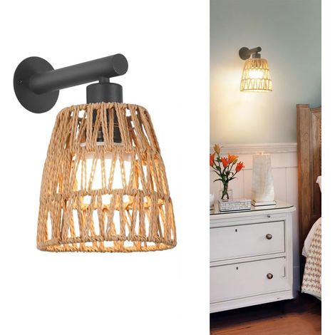 Applique murale bohème en rotin, idéale pour une chambre champêtre. Sans fil, noire, sans ampoule, douille E27 (1/5)