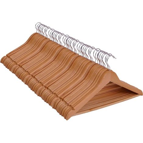 Lot 50 cintres bois naturel Spetebo avec barre pantalon, crochet rotatif, construction stable pour vêtements lourds