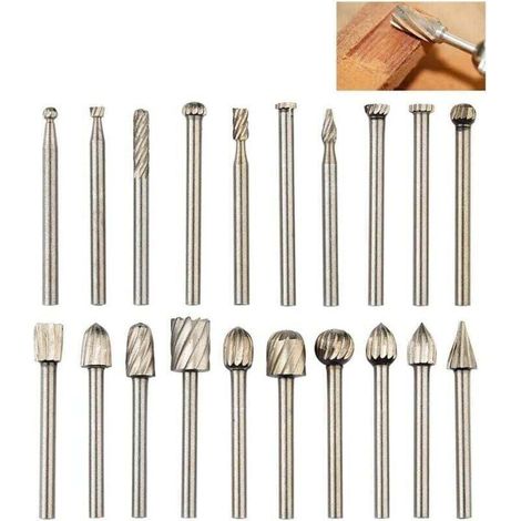 Lot de 20 fraises rotatives en carbure de tungstène, fraises Dremel avec tige de 3 mm pour le travail du bois, la sculpture, la gravure et le perçage. (1/4)