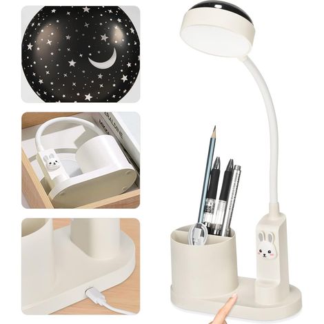 Lampe de Bureau Enfant, 3 en 1 Lampe de Bureau Enfants avec Porte-Stylo et de Pprojection D'étoiles, Lampe de Bureau Rechargeable pour Enfants Réglable en Trois couleurs Lampe (RABBIT-WHITE) (1/2)