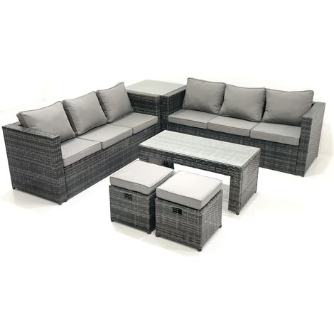 Fimous Garden Outdoor Rattan Furniture Set with Sofa Coffee table 2 Small Footstools Side Table Dark Grey Mixed (1/5)