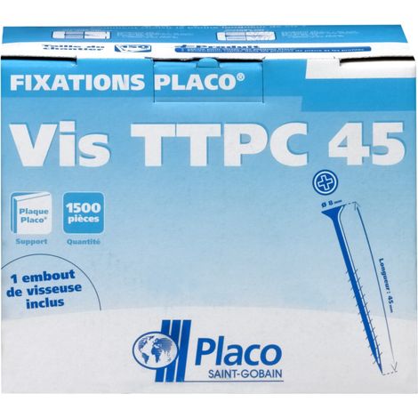 Placo – Vis TTPC 45 mm pour plaque de plâtre – 500 pièces – Autoperceuse à tête trompette – Diamètre 8 mm pour ossatures métalliques