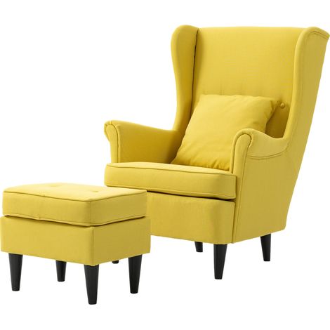 Fauteuil contemporain avec repose-pieds, en tissu effet lin et bois d'hévéa, 75 x 83 x 104 cm, jaune (1/5)