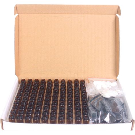 Lot de 100 flacons en verre ambré de 3 ml pour échantillons d'huiles essentielles. Flacons vides rechargeables avec bouchons noirs pour huiles essentielles et parfums. (1/5)
