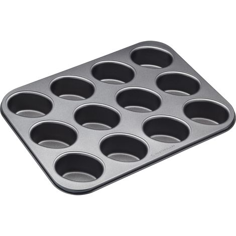 MasterClass Sartén Friand de 12 agujeros con antiadherente PTFE, PFOA y libre de BPA, robusta de acero al carbono de 1 mm, 35,5 x 26,5 cm.