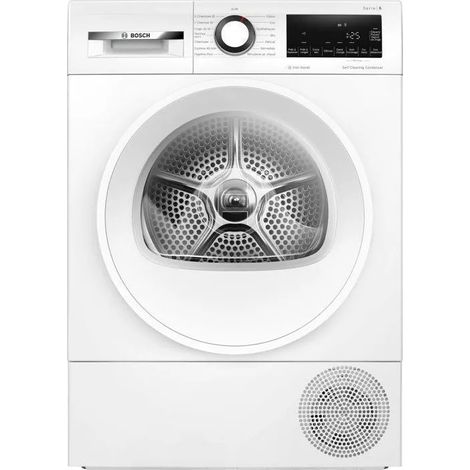 Wärmepumpen-wäschetrockner. 8,0 kg fassungsvermögen. Selbstreinigender kondensator. Bügelhilfe. Wendbare trommel. Ablaufschlauch. Großes led-display. Touch-bedienelemente. Trommelbeleuchtung. 61 db. W