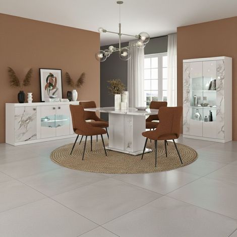 Séjour complet buffet + table repas + vitrine 2 portes blanc et imitation marbre - ETOLIS