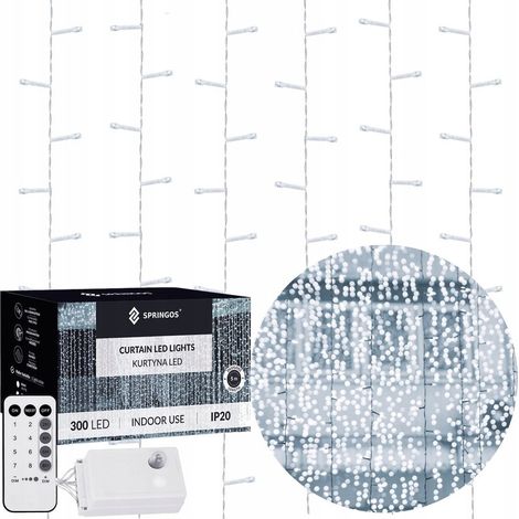 Cortina de luces LED de 300 LED, 3x3 m, guirnalda de luces tipo carámbano, color blanco, con control remoto para ventana. (1/5)