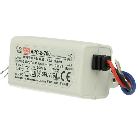 Led Driver CC MW MEAN WELL APC-8-700 Trasformatore 700mA 6V-11V DC 8W Corrente Costante IP42 (1/3)