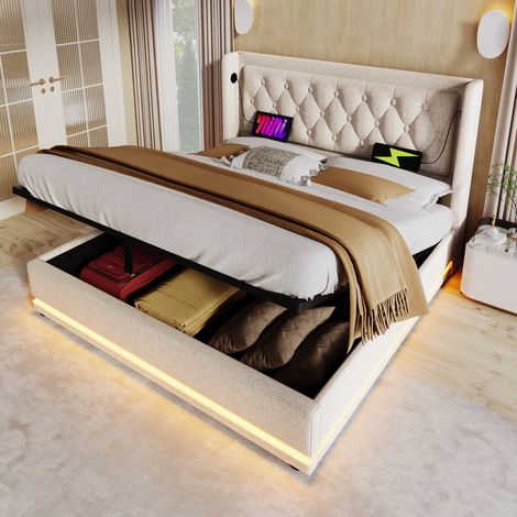 Cama con espacio de almacenamiento de algodón beige 140x200 cm con LED, USB y Tipo-C, somier de láminas incluido (1/5)