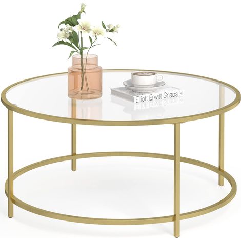 Table Basse Salon, Meuble de Salon en Verre, Cadre en AER, Table Basse Ronde, Doré LGT21G (1/5)