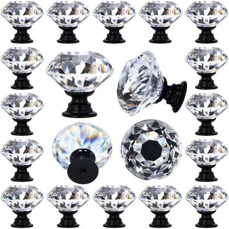 Set mit 12 dekorativen, rautenförmigen Schubladengriffen aus klarem Kristallglas für Küche und Kommode, 30 mm (1-1/4 Zoll), schwarzer Sockel (1/4)