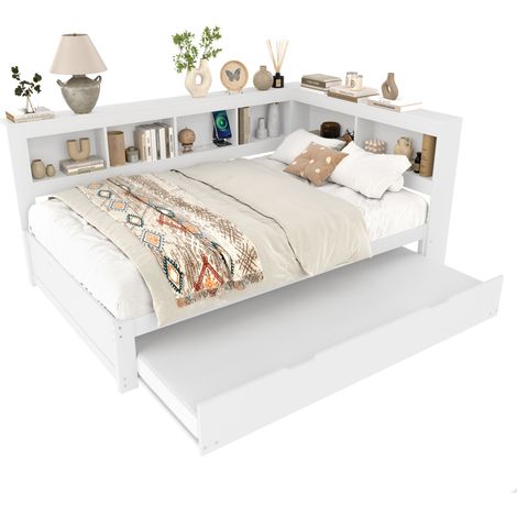 Lit banquette en bois blanc 140x200 cm avec lit gigogne, 2 tiroirs, prises USB et sommier inclus (1/5)