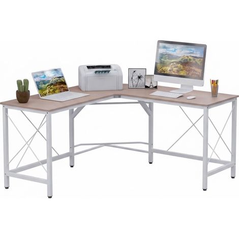 ELVMI Bureau d'Angle en L avec Pieds Réglables pour Bureau à Domicile, Acier et MDF, 150 x 150 x 76 cm, Naturel (1/5)