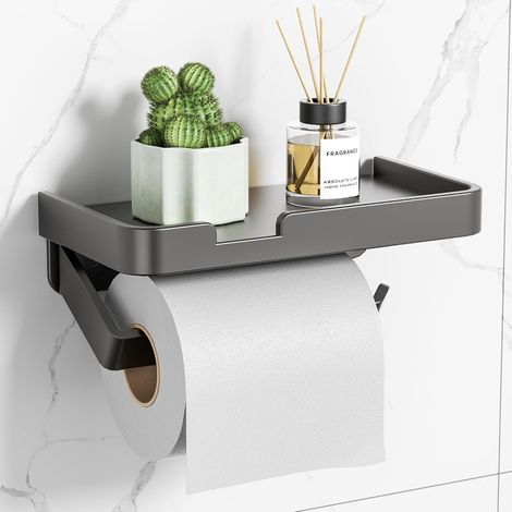 Soporte de papel higiénico de pared con estante, adhesivo o atornillable - Gris mate (1/5)