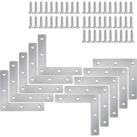 Set of 10 stainless steel corner brackets, furniture fixings, flat mounting plates, L-shaped connectors with 80 x 80 mm screws