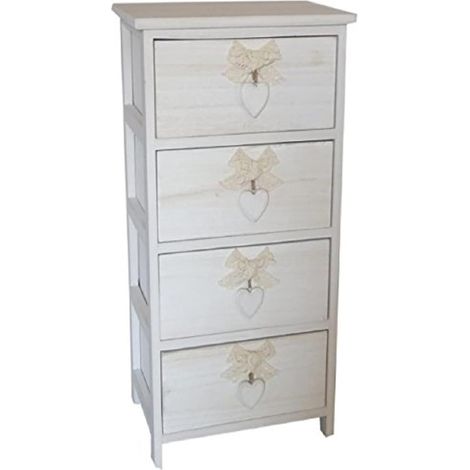 Cassettiera Slim Shabby Chic in Legno Bianco Washed con Pomoli a Cuore Pendente 4 Cassetti 32 x 81 centimetri (1/3)