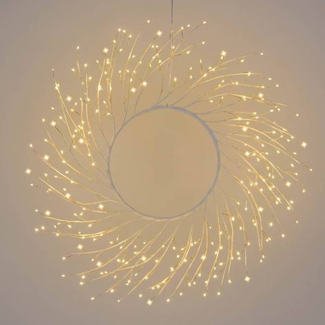 Couronne lumineuse Branches Tilleul Métal Blanc ø60cm 260 Micro LED blanc chaud avec transformateur (1/5)
