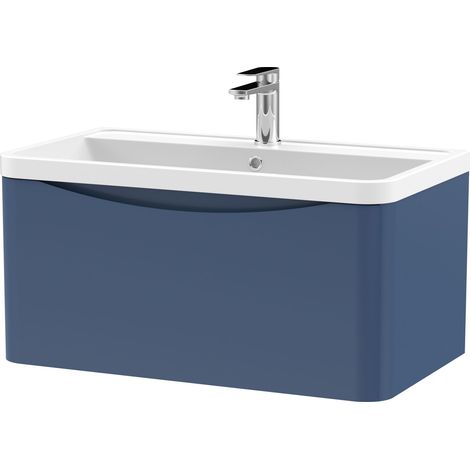Nuie Lunar Satin Blue 800mm Wall Hung Single Drawer Vanity Unit and Polymarble Basin - LUN306 (1/3)