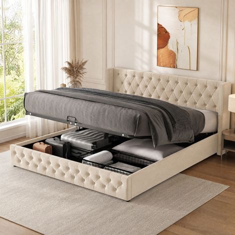 MEUBLIV Lit double 140x190 cm beige – coffre hydraulique et tête capitonnée sans matelas (1/5)