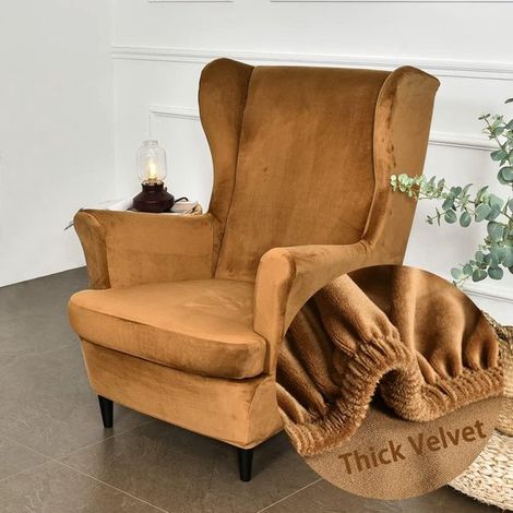 Juego de 2 sillones orejeros，funda para silla con reposabrazos，respaldo alto (camel) (1/5)
