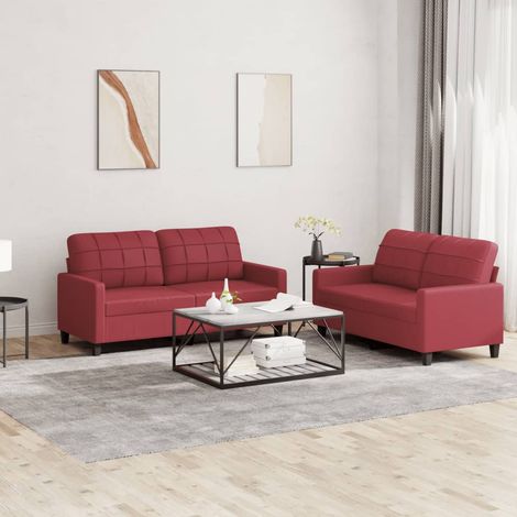 2-tlg. Sofagarnitur mit Kissen Weinrot Kunstleder (1/5)