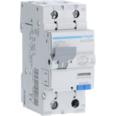 Ad975j Disjoncteur Différentiel Hager 1p+n 25a 30ma 6ka Type A - Neutre à Droite - Auxiliarisable