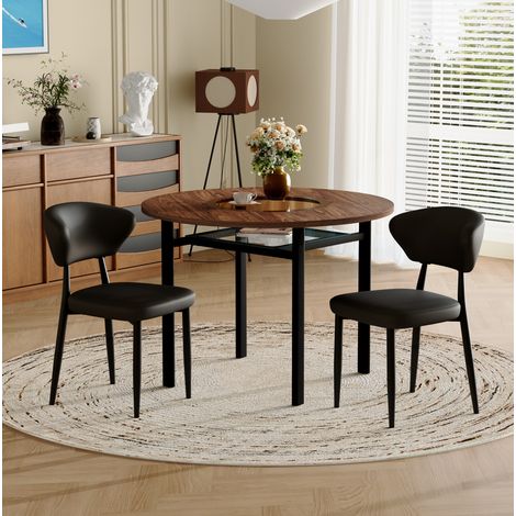 Ensemble de salle à manger rond MDF décor bois brun et verre, avec 2 chaises en PU noir, table Ø100 cm (1/5)