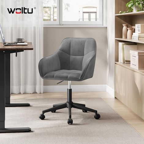 WOLTU Silla de Terciopelo con Reposabrazos y Ruedas Taburete de Oficina Giratorio de Altura Ajustable, Gris Oscuro+Negro