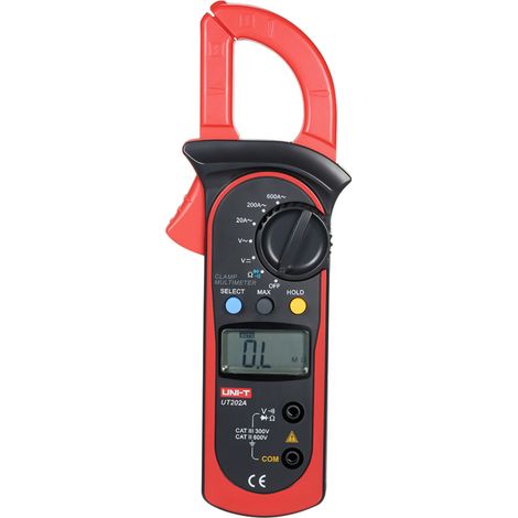 Multímetro de pinza UNI-T UT202A con pantalla LCD, mide voltaje CA/CC, corriente CA y resistencia, estuche